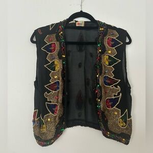 Vintage Beaded Vest – Gina G – 100% Silk Hand Embroidered India – Boho Top M